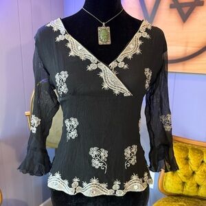 Vintage Y2K Silkland Flutter Sleeve Beaded Embroidered 100% Silk Top Size M
